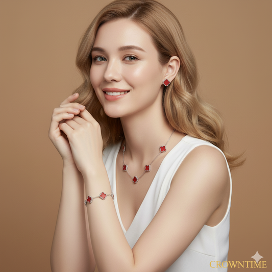 VAN CLEEF ALHAMBRA 3,LÜ SET KOLYE-BİLEKLİK -KÜPE GÜMÜŞ-KIRMIZI-RENK