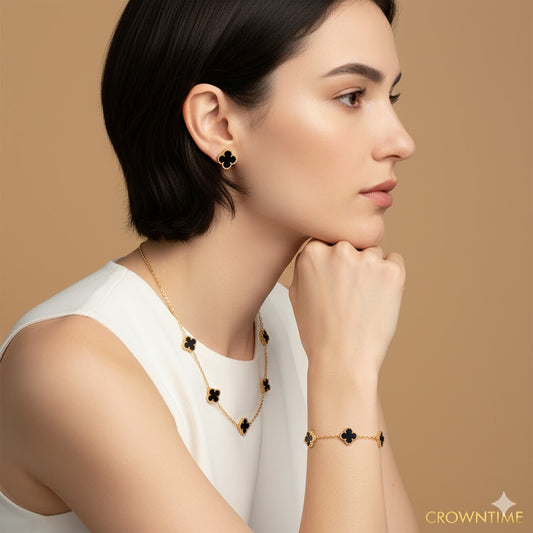 VAN CLEEF ALHAMBRA 3,LÜ SET KOLYE-BİLEKLİK -KÜPE ALTIN-SİYAH-RENK