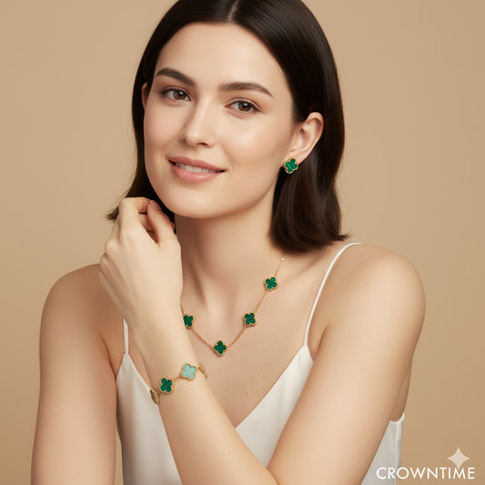 VAN CLEEF ALHAMBRA 3,LÜ SET KOLYE-BİLEKLİK -KÜPE ALTIN-YEŞİL-RENK
