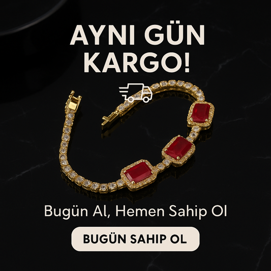 ❤️ Kırmızı Baget Taşlı Altın Kaplama Çelik Bileklik