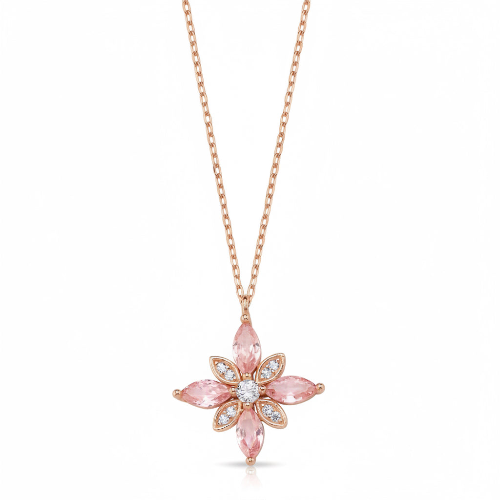 925 Ayar Gümüş Pembe Zirkon Taşlı Umut Çiçeği Kolye