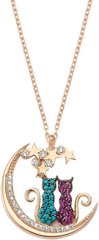 925 Ayar Ay Üstünde Oturan Aşık Çift Kedi Kadın Gümüş Kolye