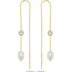 925 Ayar Gümüş Gold Tektaş Detaylı İncili Zincir Küpe