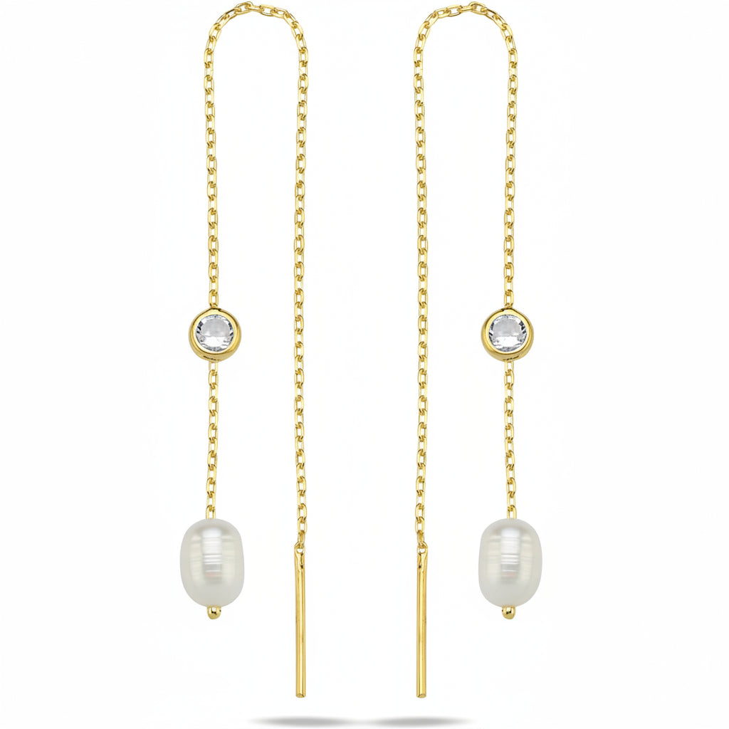 925 Ayar Gümüş Gold Tektaş Detaylı İncili Zincir Küpe