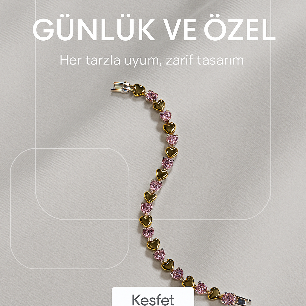 ❤️Pembe Kalpli Taşlı Altın Kaplama Çelik Bileklik