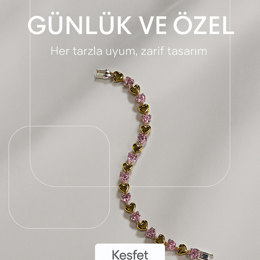 ❤️Pembe Kalpli Taşlı Altın Kaplama Çelik Bileklik
