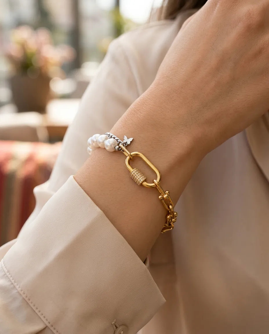 Two tone 14k Altın kaplama incili bileklik