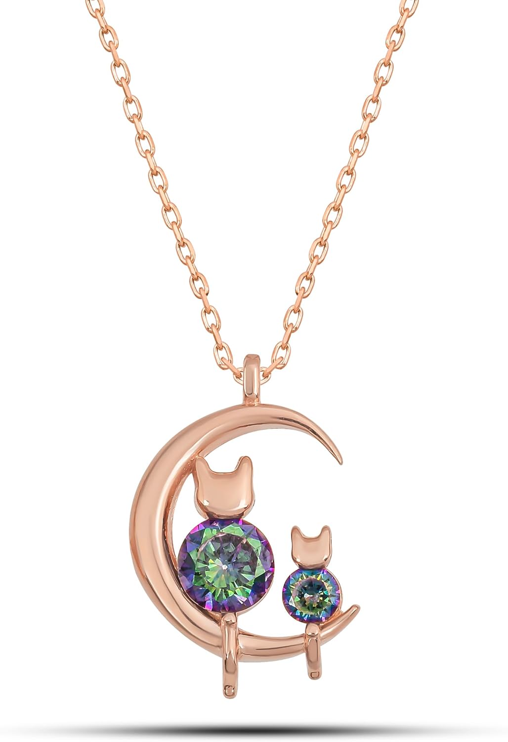 925 Ayar Gümüş Mistik Topaz Taşlı Ay Üstünde Kedi Kolye