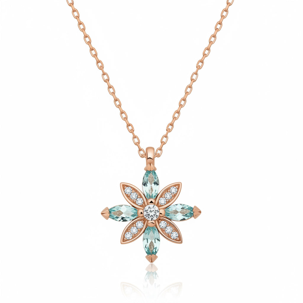 925 Ayar Aquamarin Taşlı Çiçek Kadın Gümüş Kolye