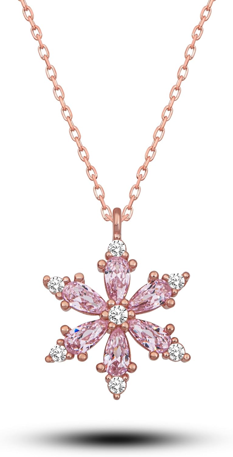 925 Ayar Gümüş Pembe Taşlı Lotus Kamelya Çiçeği Kolye