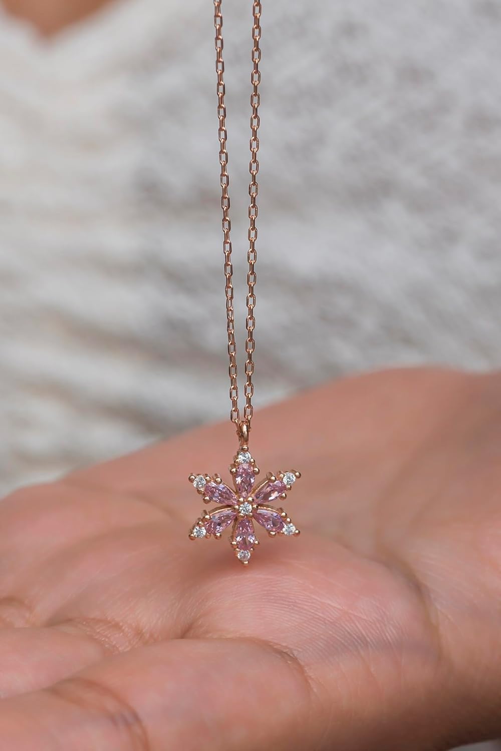 925 Ayar Gümüş Pembe Taşlı Lotus Kamelya Çiçeği Kolye