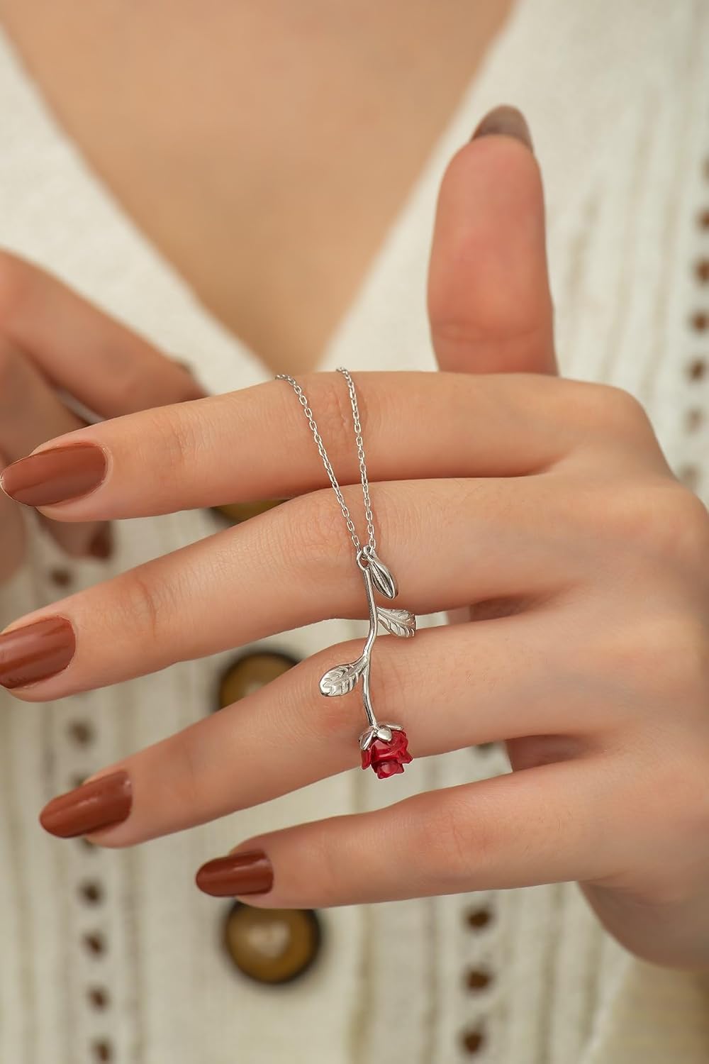 925 Ayar Kırmızı Gül Kolye Kadın Gümüş Kolye