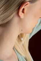 925 Ayar Gümüş Gold Tektaş Detaylı İncili Zincir Küpe