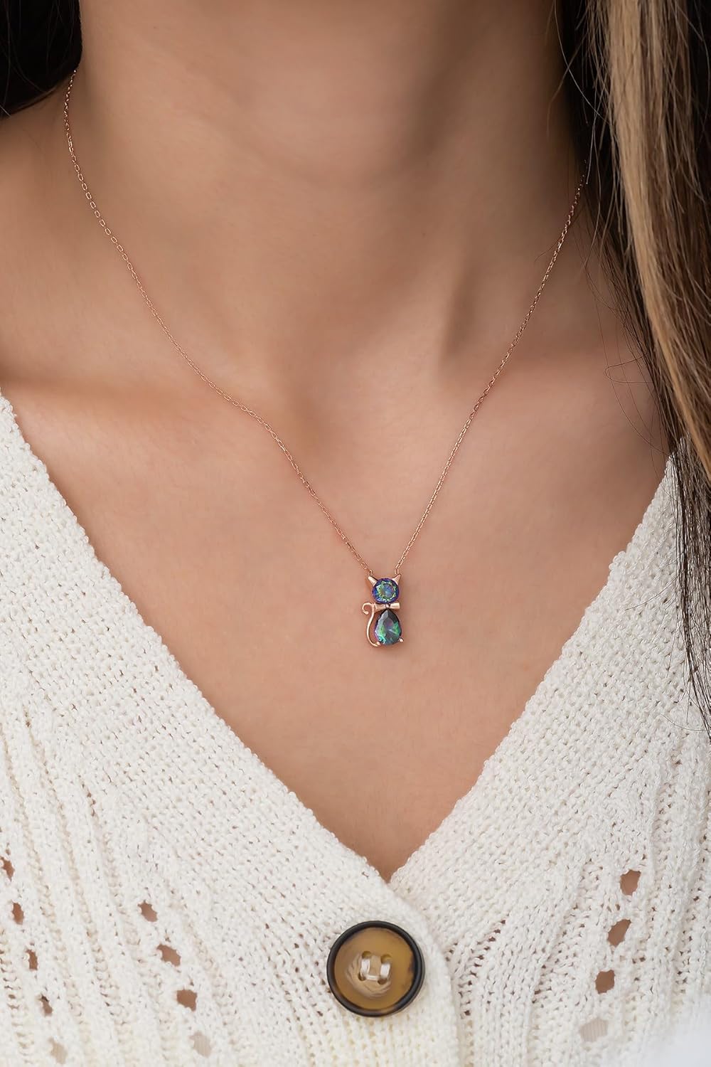 925 Ayar Mistik Topaz Taşlı Kedi Kolye Kadın Gümüş Kolye