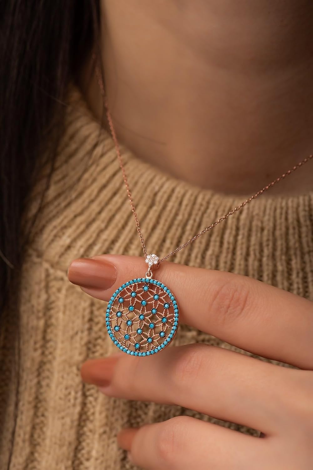 925 Ayar Gümüş Turkuaz Taşlı Yaşam Çiçeği Kolye Bayan Gümüş Kolye