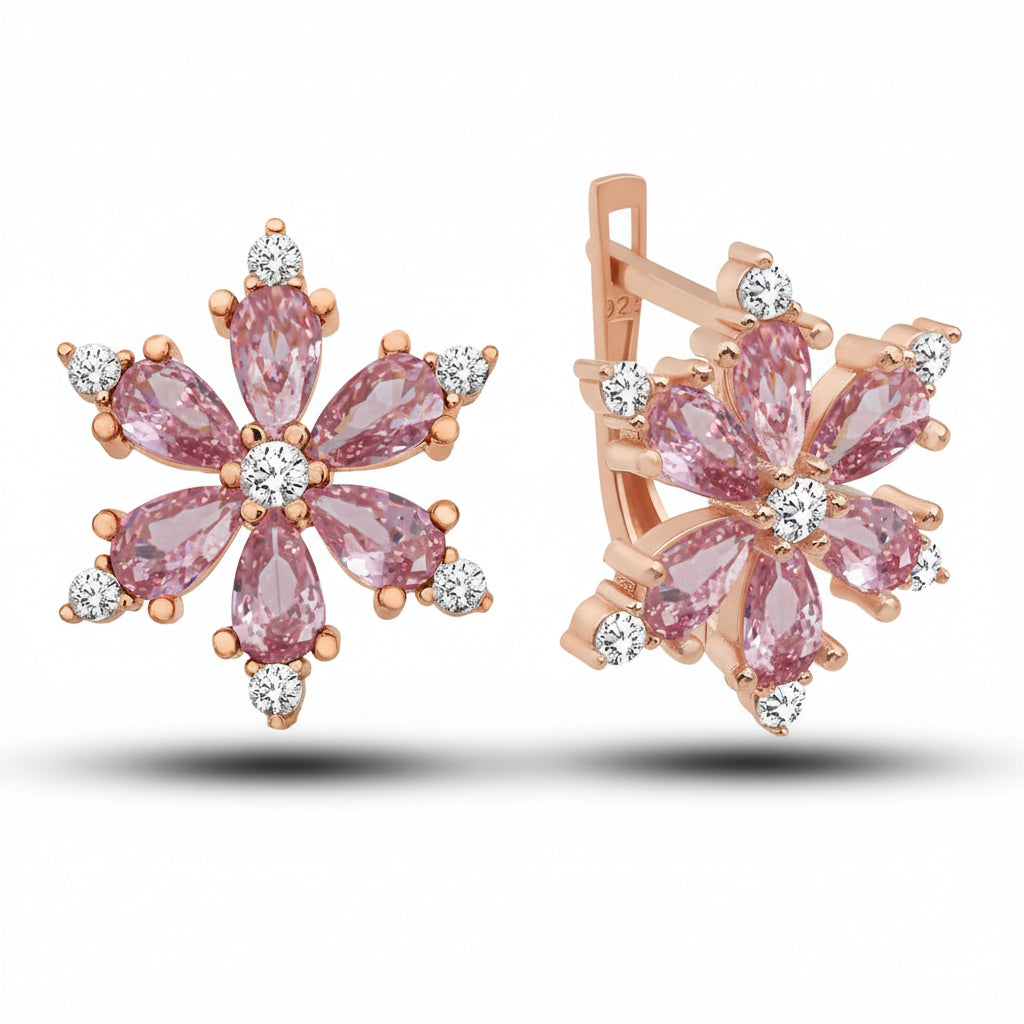 925 Ayar Gümüş Pembe Taşlı Çiçek Küpe