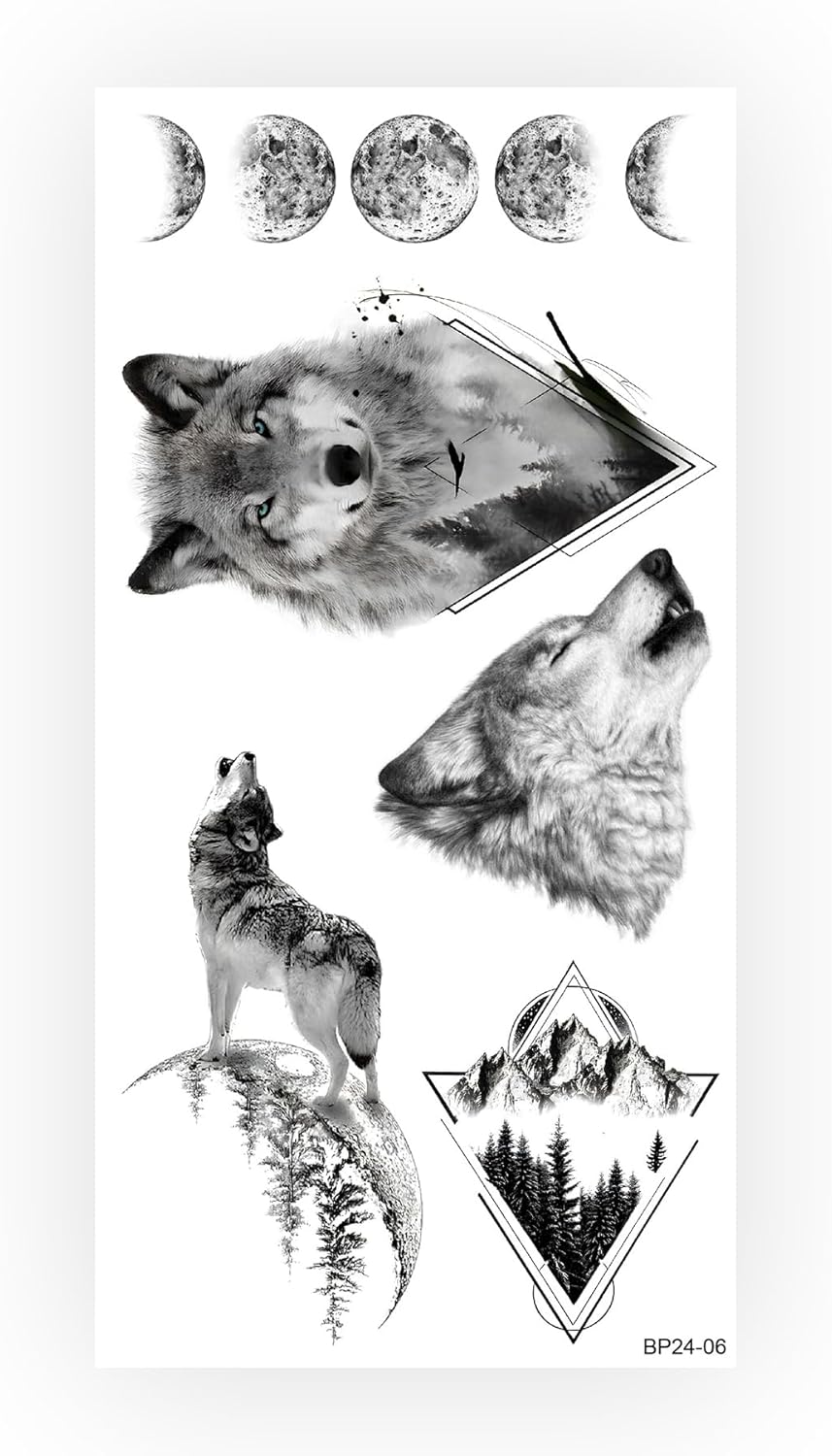 BearPear Purnama Kurt ve Ayın Evreleri Unisex Geçici Dövme