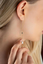 925 Ayar Gümüş Gold Tektaş Detaylı İncili Zincir Küpe