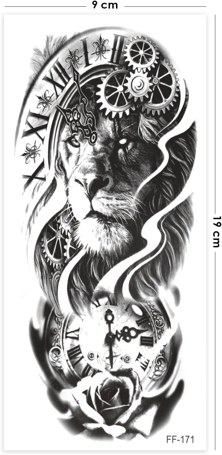 Aslan Dövmesi, Saat Figürlü Geçici Dövme, Tattoo, Erkek Geçici Dövme, Kol Dövmesi, Vücut Dövmesi, Su Transferli Modern Dövmeler