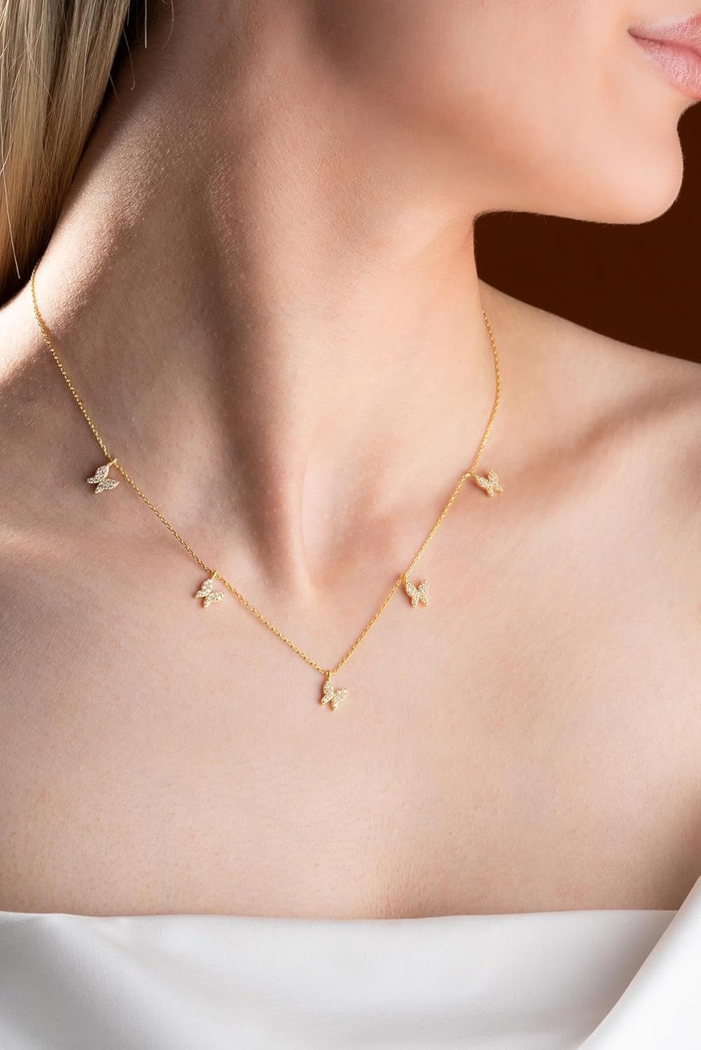 925 Ayar Gümüş Gold Zirkon Taşlı Şans Kelebek Kolye