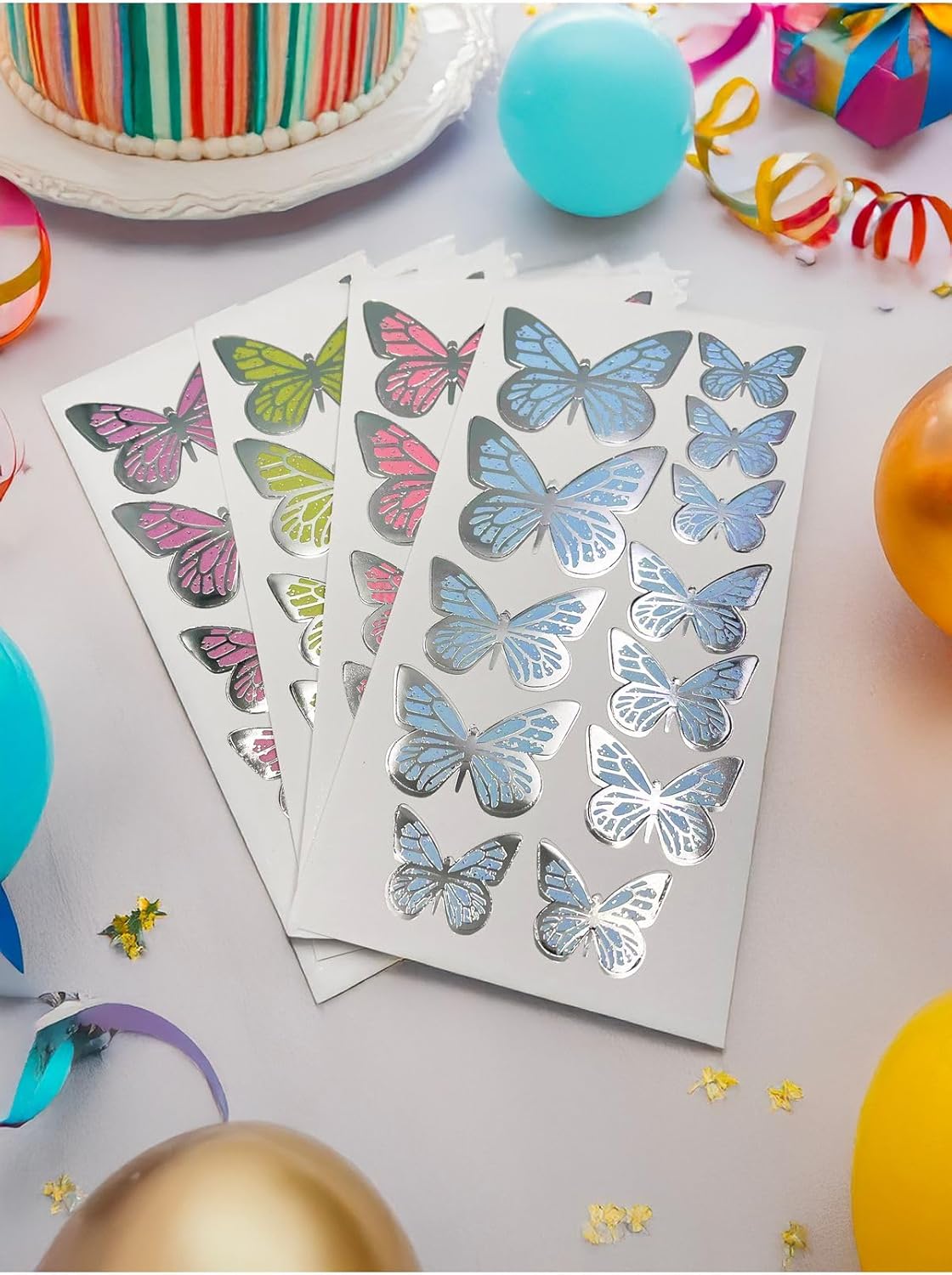 Gümüş Yaldızlı Soft Renkli Kelebek Parti Süsü, Dekorasyon Ve Balon Süsleme 48 Adet,PM-979