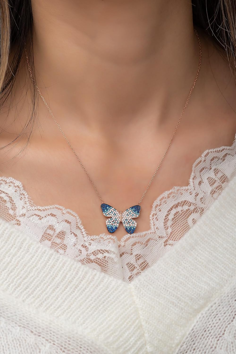 925 Ayar Renk Geçişli Kelebek Kolye Kadın Gümüş Kolye