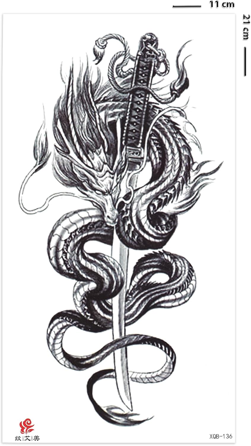 Samurai, Ejderha Ve Katana Dövmesi, Geçici Dövme, Unisex Tattoo, Vücut Dövmesi