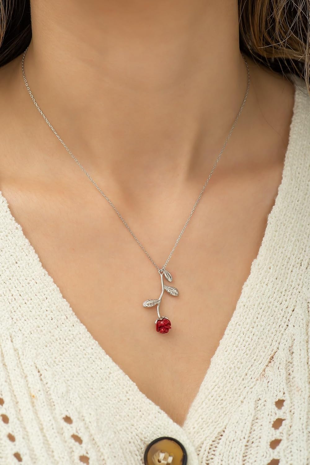 925 Ayar Kırmızı Gül Kolye Kadın Gümüş Kolye