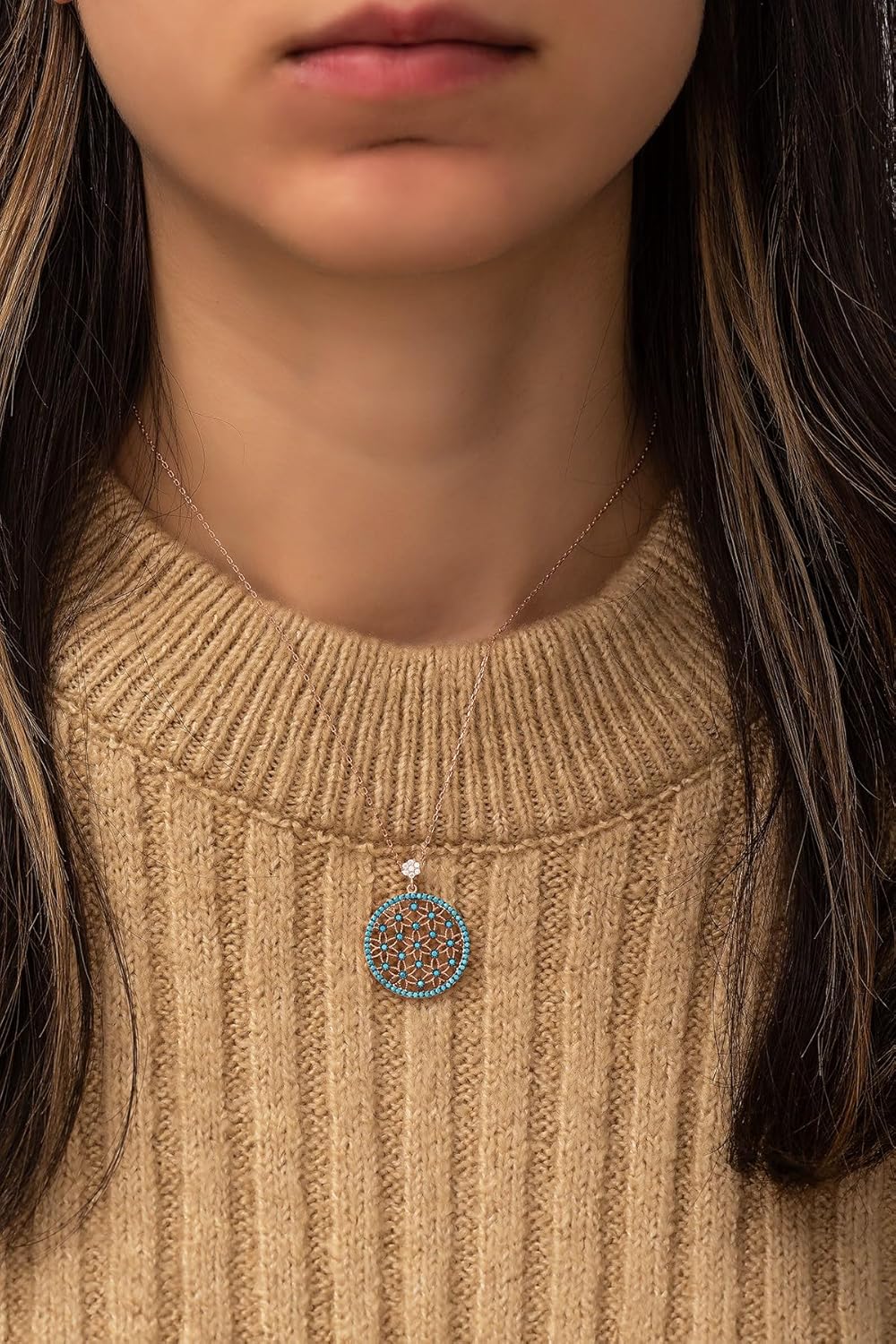 925 Ayar Gümüş Turkuaz Taşlı Yaşam Çiçeği Kolye Bayan Gümüş Kolye