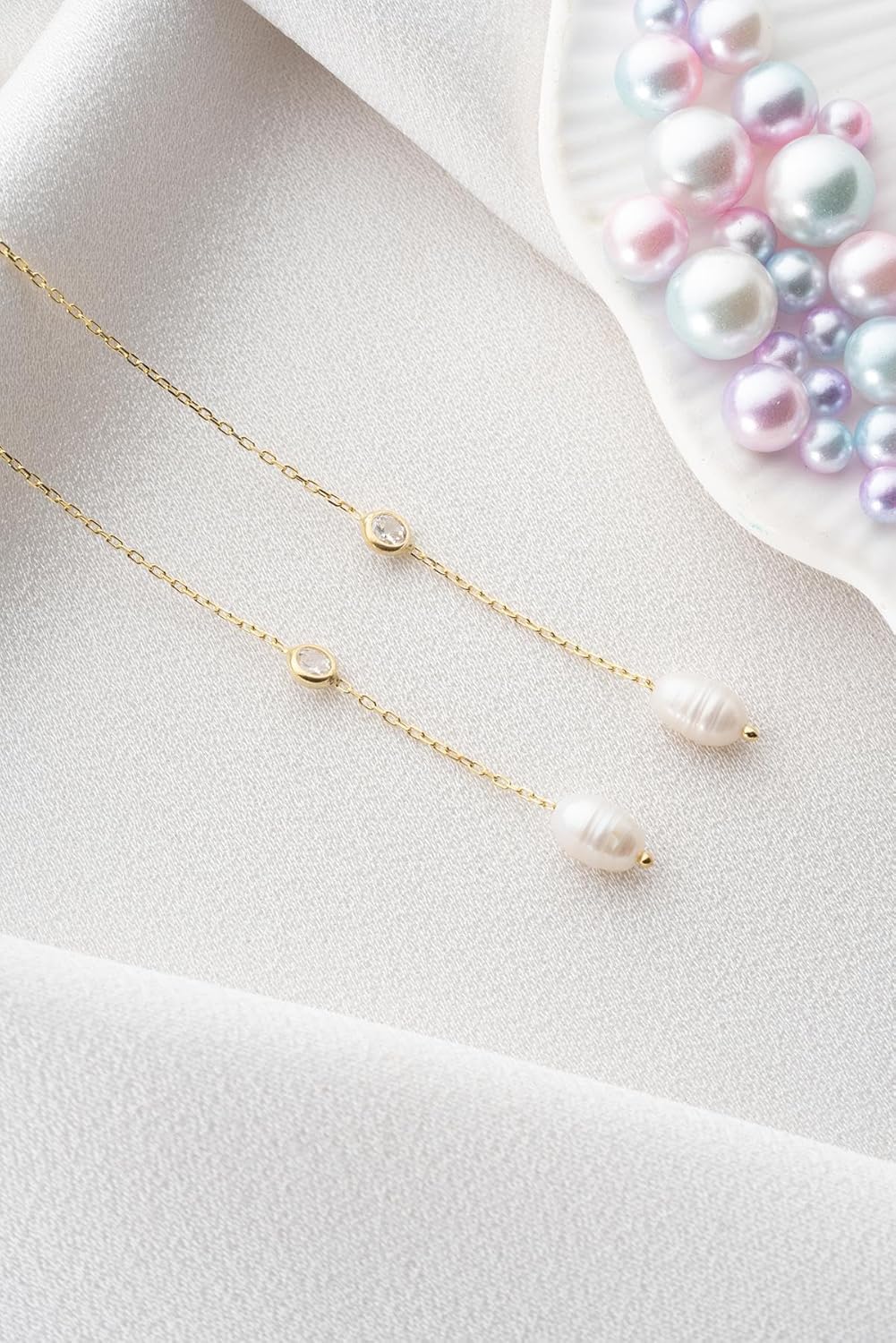 925 Ayar Gümüş Gold Tektaş Detaylı İncili Zincir Küpe