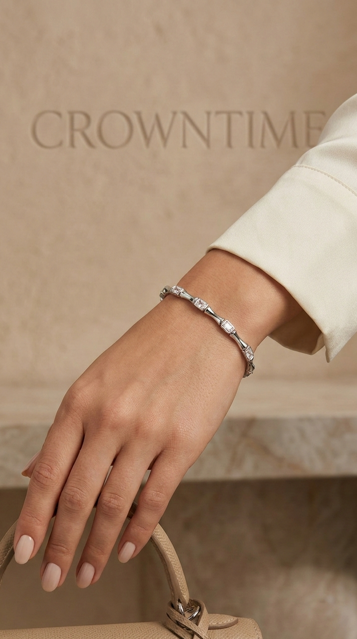 Zirkon Taşlı Baget Kesim Işıltılı Çelik Bileklik