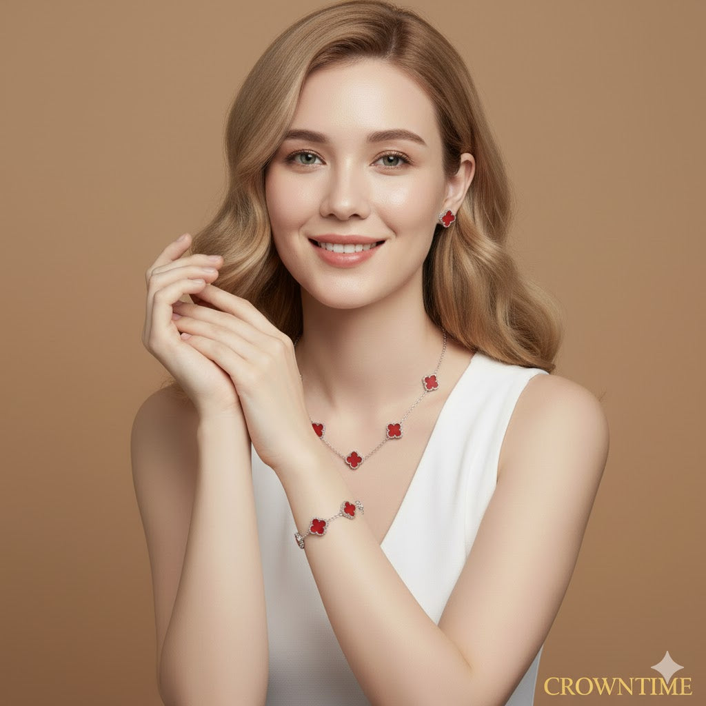 VAN CLEEF ALHAMBRA 3,LÜ SET KOLYE-BİLEKLİK -KÜPE GÜMÜŞ-KIRMIZI-RENK