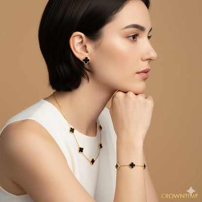 VAN CLEEF ALHAMBRA 3,LÜ SET KOLYE-BİLEKLİK -KÜPE ALTIN-SİYAH-RENK