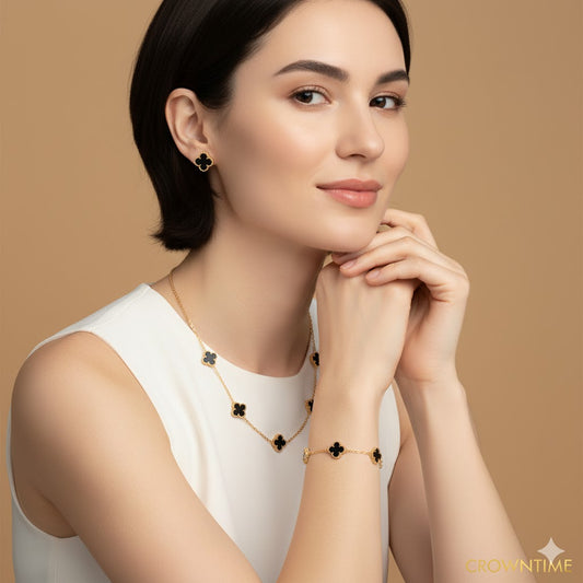 VAN CLEEF ALHAMBRA 3,LÜ SET KOLYE-BİLEKLİK -KÜPE ALTIN-SİYAH-RENK