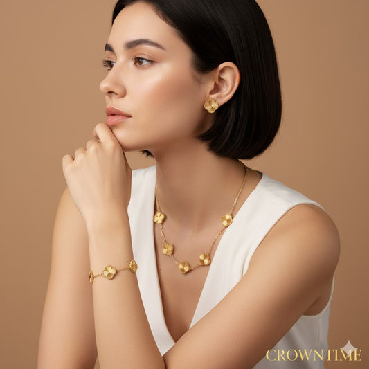 VAN CLEEF ALHAMBRA 3,LÜ SET KOLYE-BİLEKLİK -KÜPE ALTIN-YEŞİL FULL-ALTIN-RENK