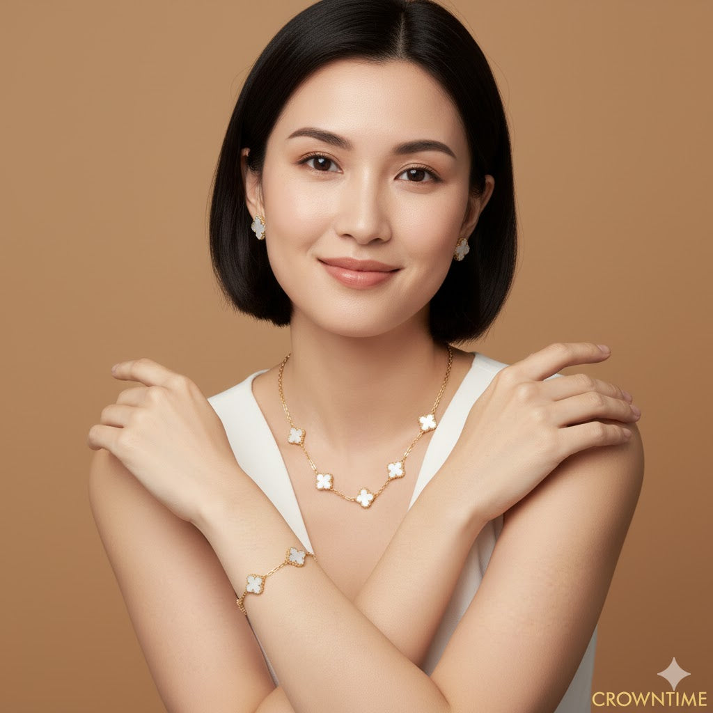 VAN CLEEF ALHAMBRA 3,LÜ SET KOLYE-BİLEKLİK -KÜPE ALTIN-BEYAZ-RENK