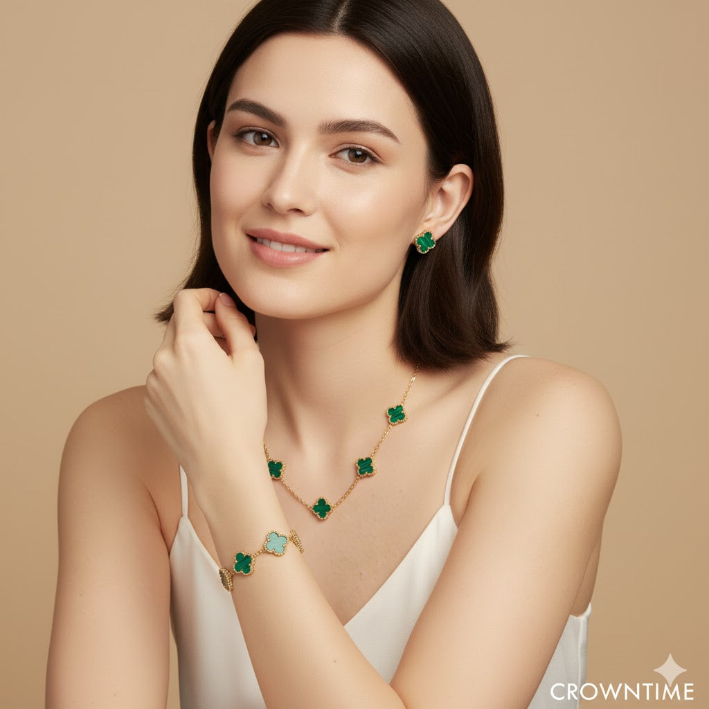 VAN CLEEF ALHAMBRA 3,LÜ SET KOLYE-BİLEKLİK -KÜPE ALTIN-YEŞİL-RENK