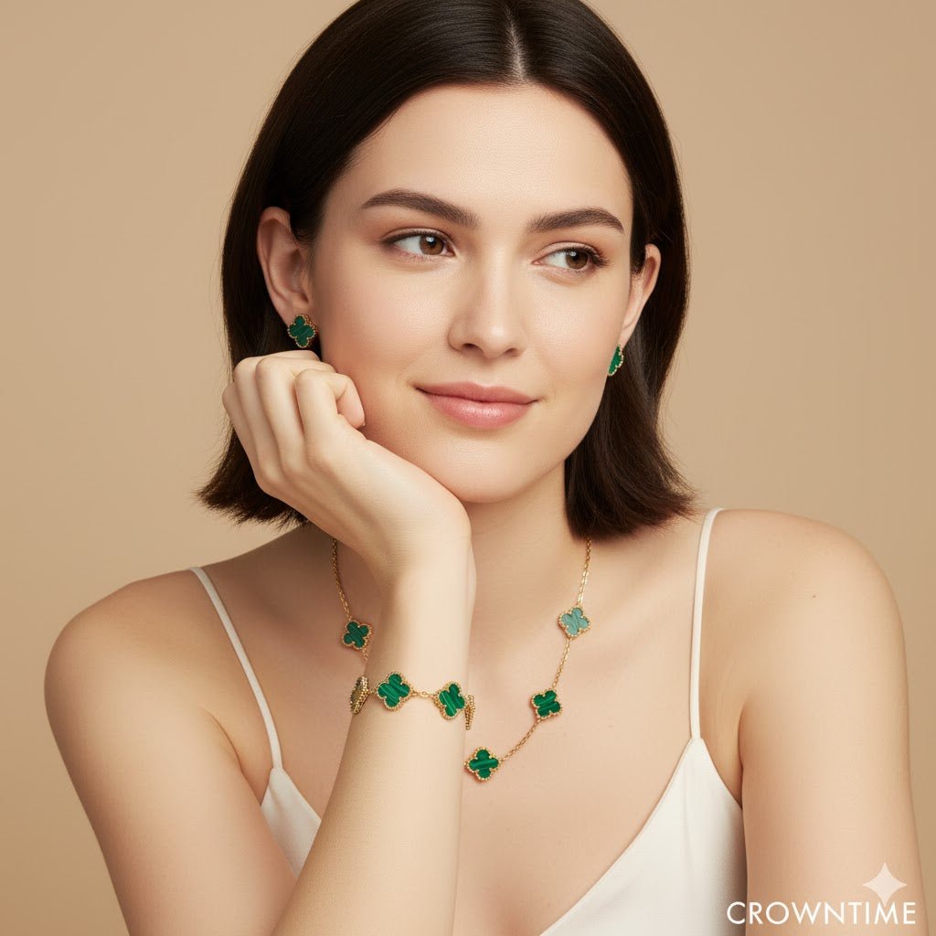 VAN CLEEF  3,LÜ SET KOLYE-BİLEKLİK -KÜPE ALTIN-YEŞİL-RENK