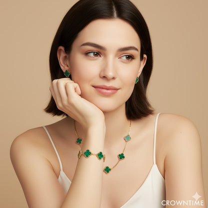 VAN CLEEF ALHAMBRA 3,LÜ SET KOLYE-BİLEKLİK -KÜPE ALTIN-YEŞİL-RENK