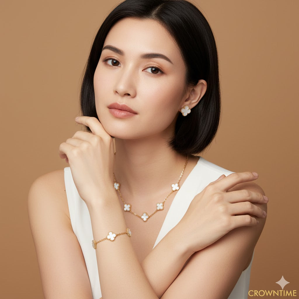 VAN CLEEF ALHAMBRA 3,LÜ SET KOLYE-BİLEKLİK -KÜPE ALTIN-BEYAZ-RENK